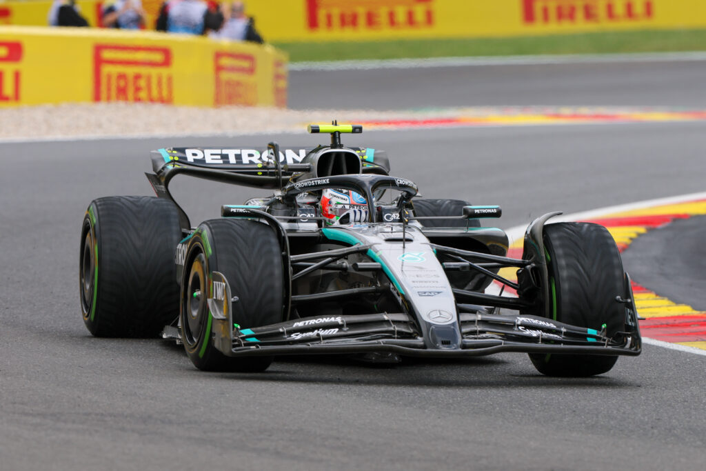 Kimi Antonelli driving his Mercedes W16 at the 2025 Belgian Grand Prix