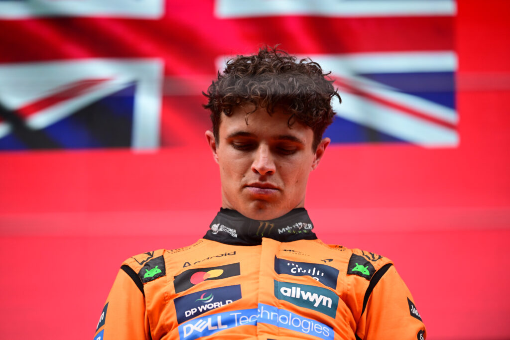 McLaren driver Lando Norris on the Spa podium after the 2025 F1 Belgian Grand Prix