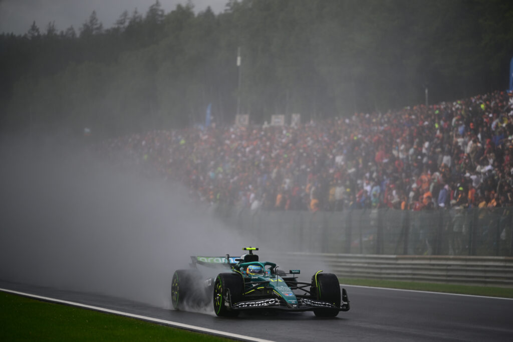 Fernando Alonso driving in the heavy rain conditions at the 2025 Belgian Grand Prix