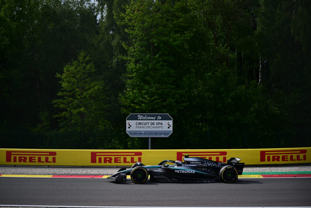 Mercedes driver Andrea Kimi Antonelli on track during the 2025 F1 Belgian Grand Prix
