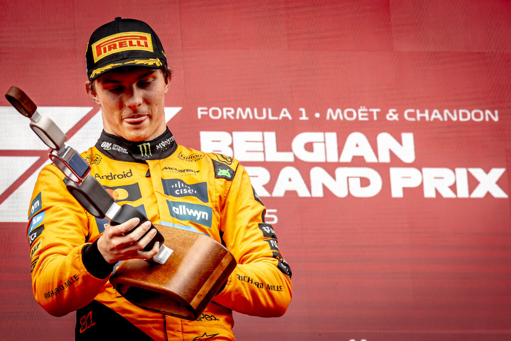 McLaren driver Oscar Piastri celebrates winning the 2025 F1 Belgian Grand Prix