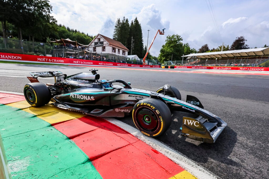 Mercedes driver George Russell on track during the 2025 F1 Belgian Grand Prix
