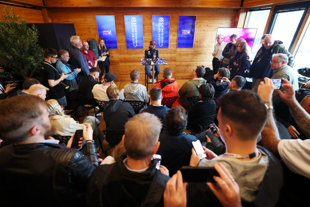 Max Verstappen talking to media during the build up to the 2025 Belgian Grand Prix weekend.