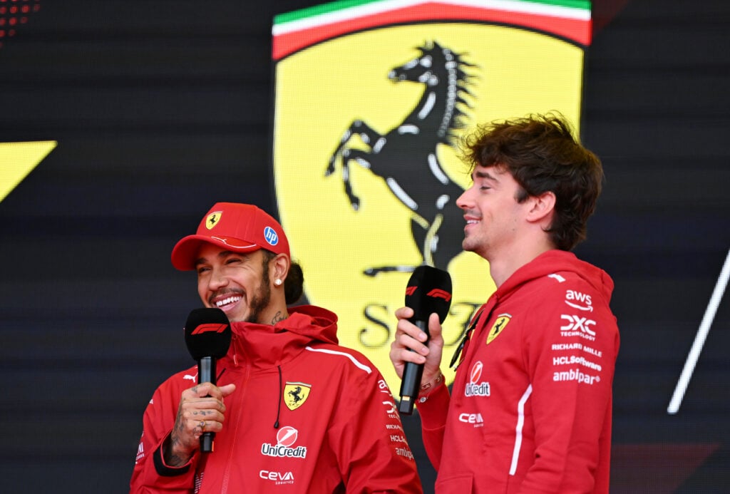Lewis Hamilton and Charles Leclerc of Ferrari in the F1 fan zone