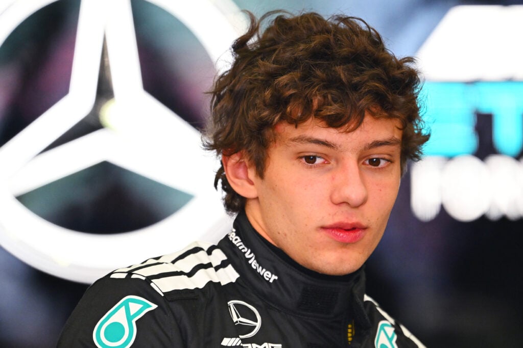 Andrea Kimi Antonelli in the Mercedes garage during practice for the 2025 F1 Belgian Grand Prix