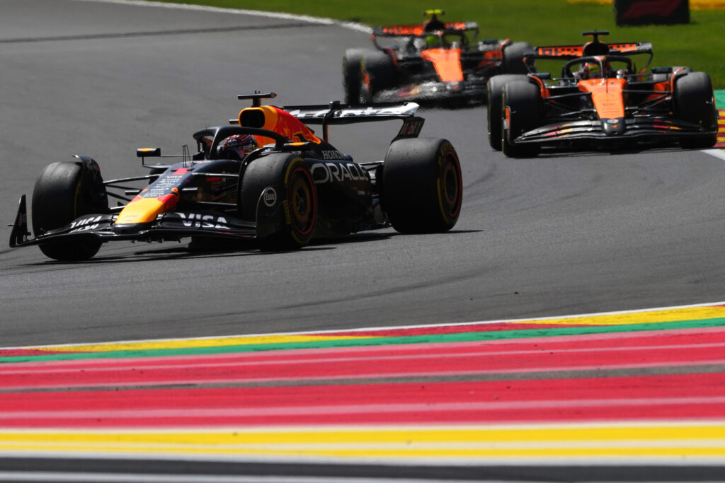 Red Bull driver Max Verstappen leads Oscar Piastri and Lando Norris of McLaren in the F1 Sprint at the 2025 Belgian Grand Prix
