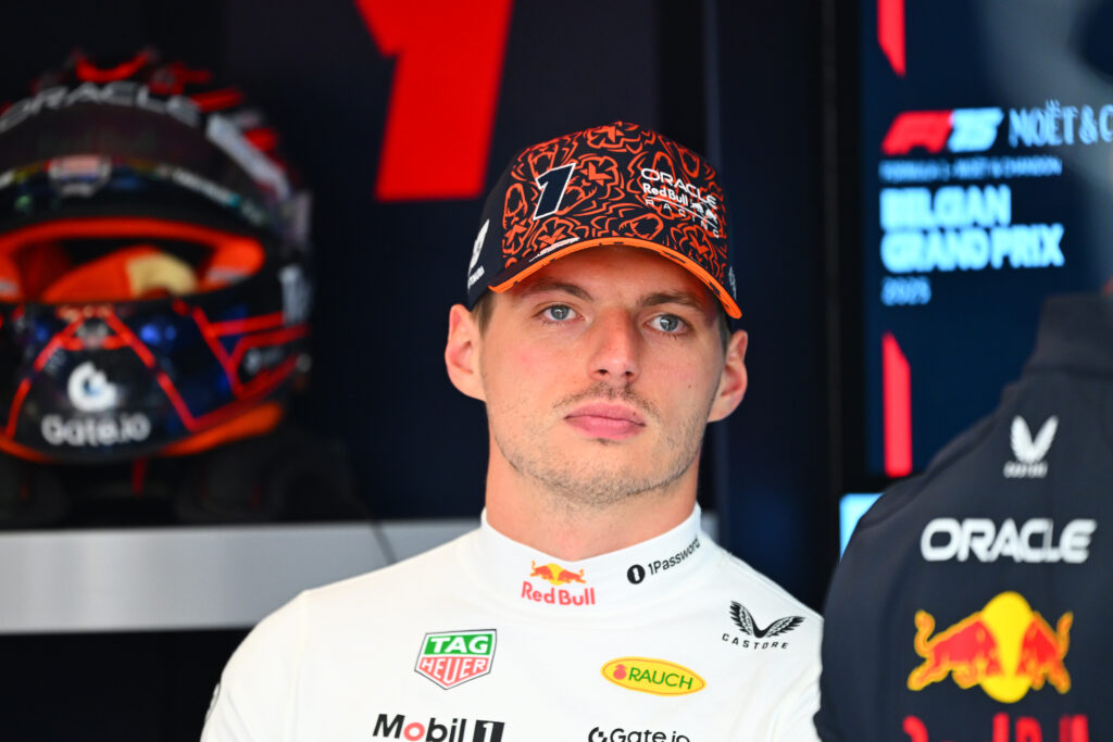 Red Bull driver Max Verstappen looks on in the garage during qualifying for the 2025 F1 Belgian Grand Prix