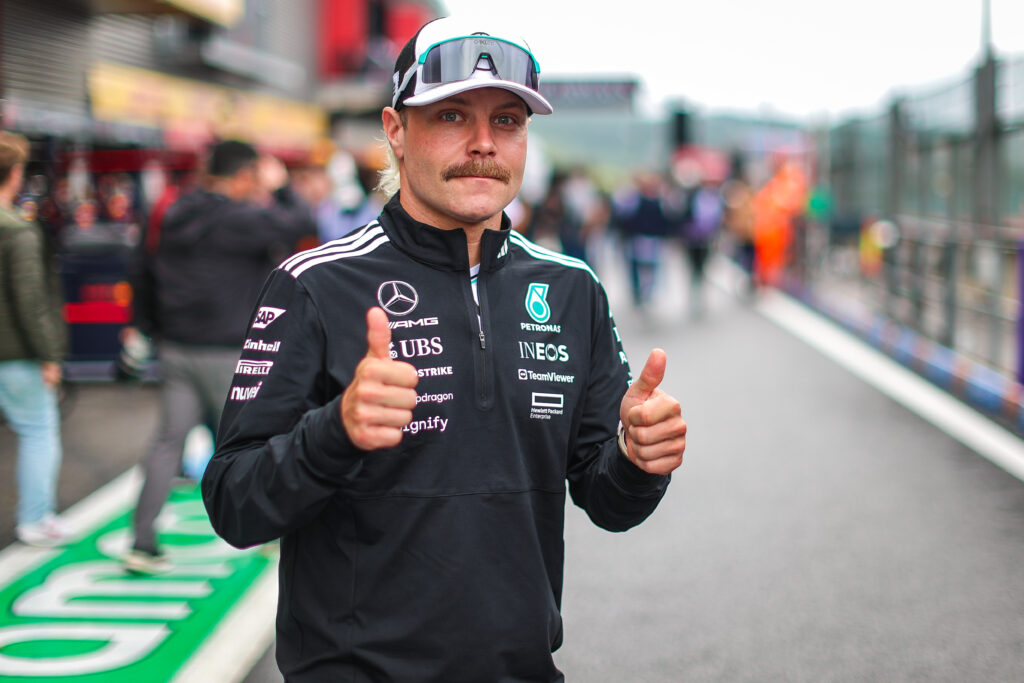Mercedes reserve driver Valtteri Bottas giving two thumbs up at the 2025 Formula 1 Belgian Grand Prix