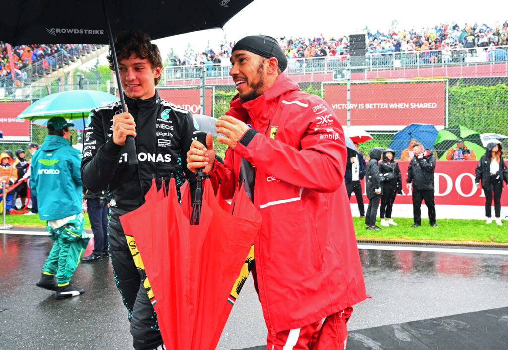 Mercedes driver Andrea Kimi Antonelli and Ferrari driver Lewis Hamilton at the 2025 Formula 1 Belgian Grand Prix