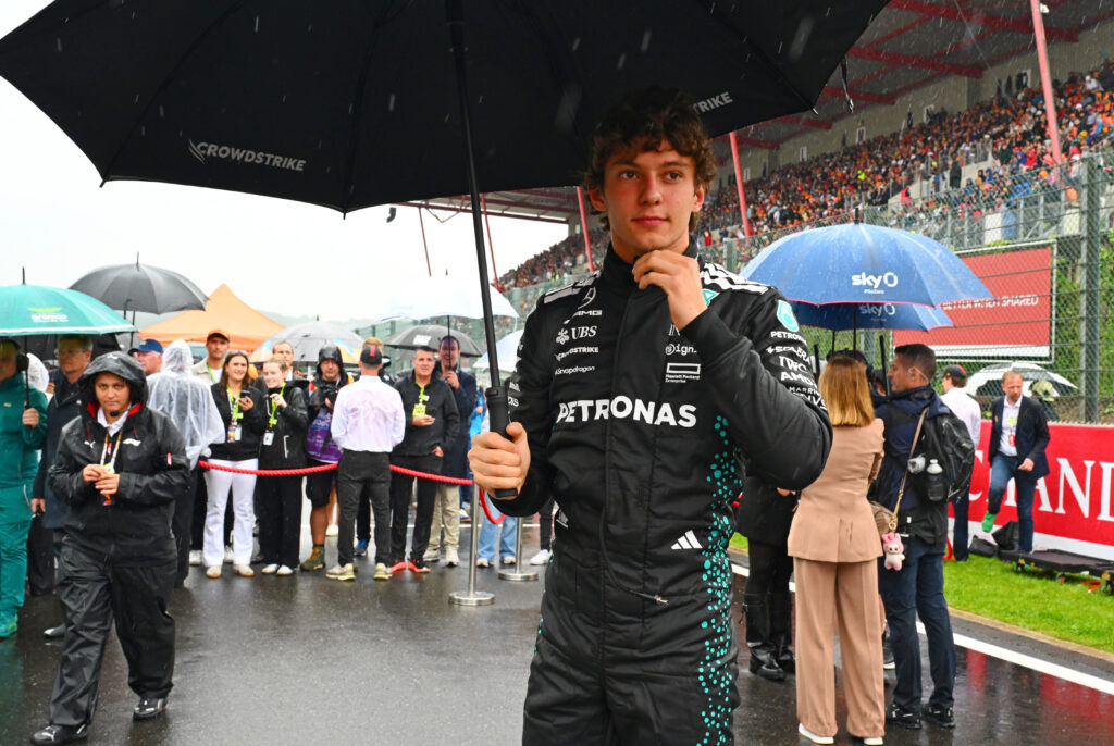 Kimi Antonelli of Mercedes on the grid at the 2025 Belgian Grand Prix