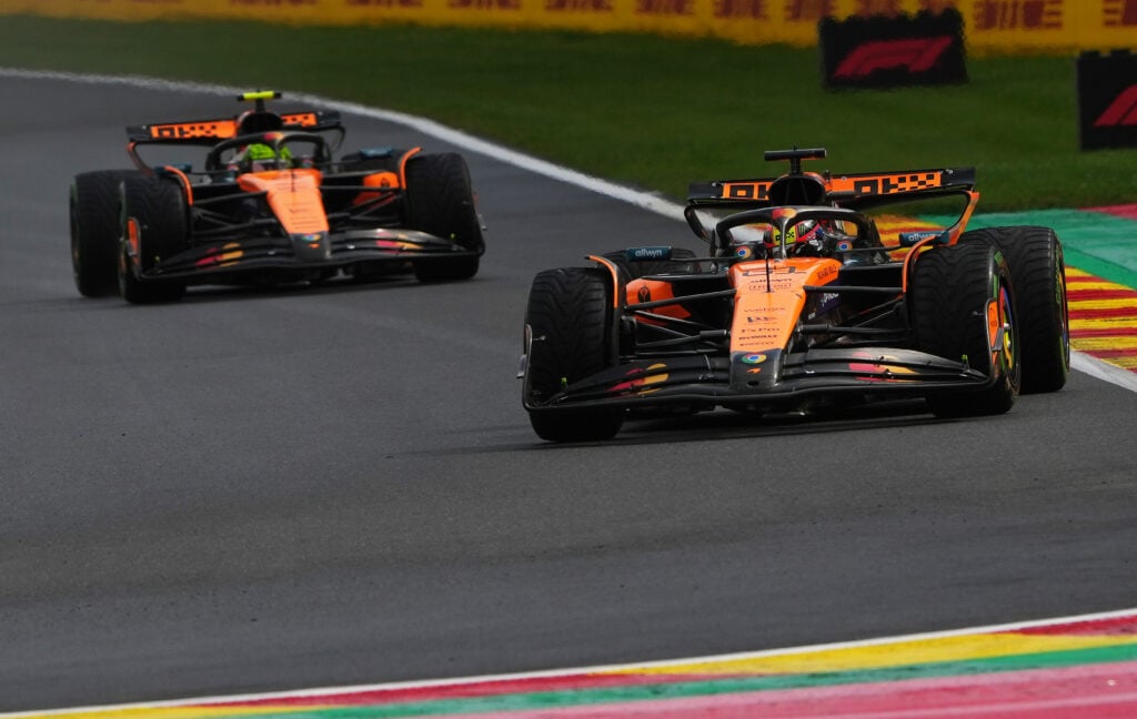 Oscar Piastri leads McLaren teammate Lando Norris at the 2025 Belgian Grand Prix