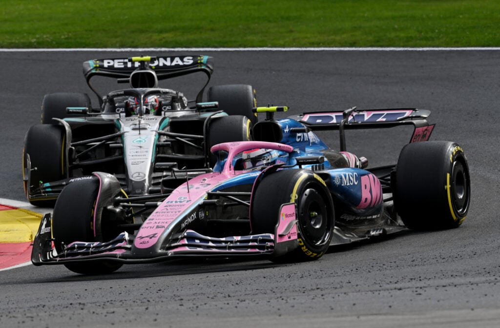 Mercedes driver Andrea Kimi Antonelli following Franco Colapinto of Alpine during the 2025 F1 Belgian Grand Prix