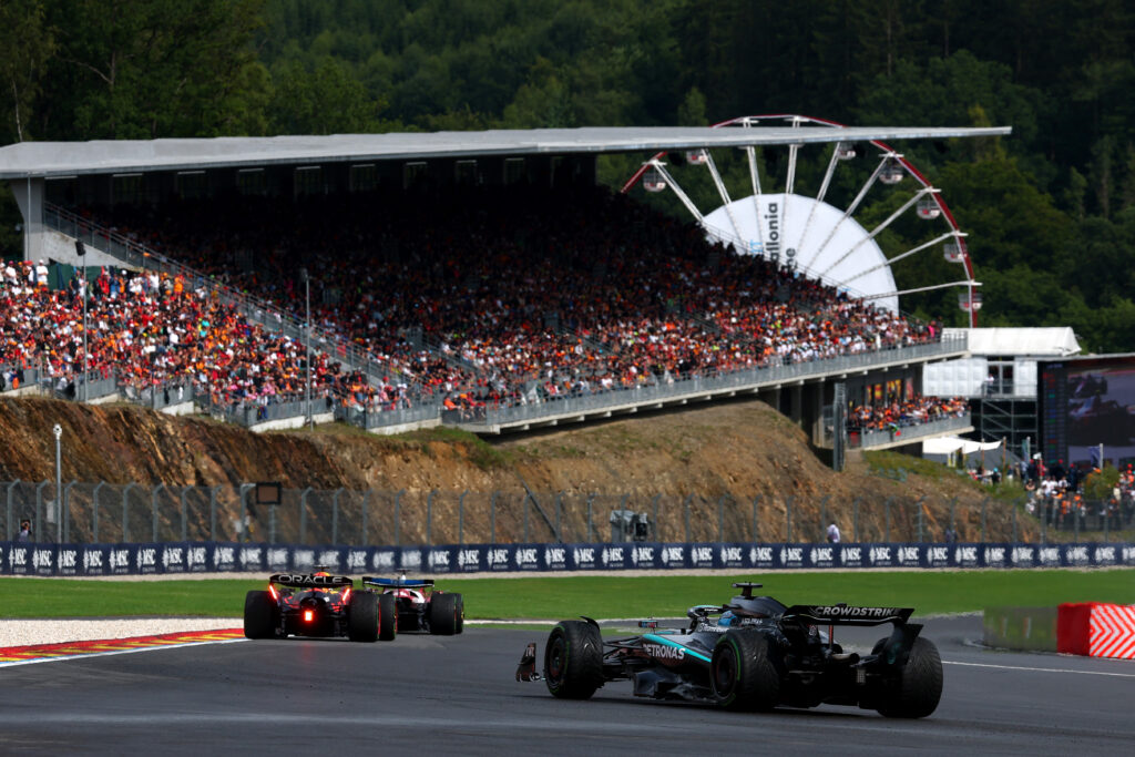 Mercedes driver George Russell on track during the 2025 F1 Belgian Grand Prix