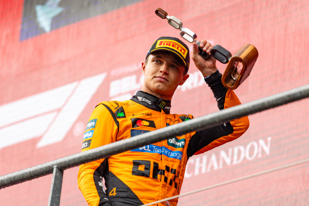 Lando Norris celebrates second in the Belgian GP.
