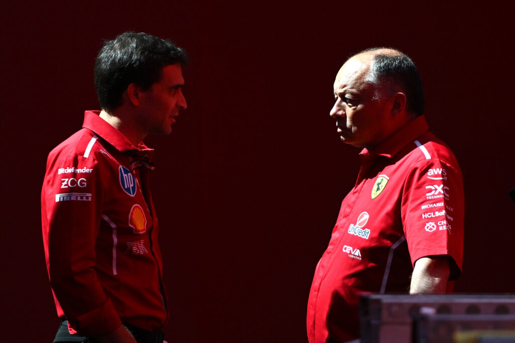 Ferrari deputy team principal Jerome d'Ambrosio speaks with Fred Vasseur in the 2025 F1 Hungarian Grand Prix paddock