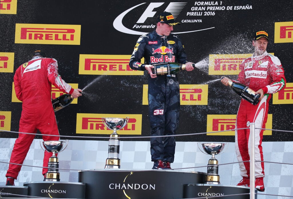 Max Verstappen, Kimi Raikkonen and Sebastian vettel on the podium after the 2016 Spanish Grand Prix.