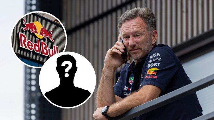 Red Bull Racing team principal Christian Horner speaking on the phone at the 2025 Formula 1 Austrian Grand Prix, inset, Red Bull Racing logo