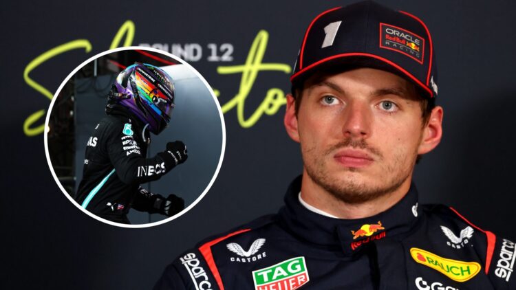 Max Verstappen of Red Bull in a press conference; inset of Lewis Hamilton celebrating for Mercedes