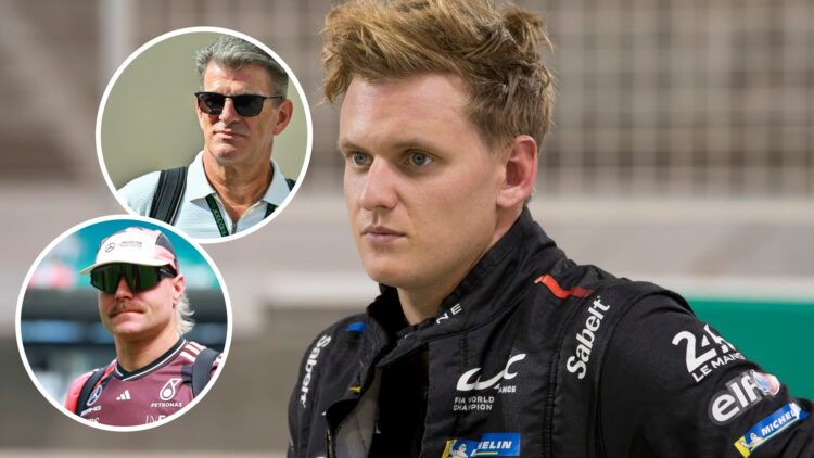Alpine driver Mick Schumacher at the 2024 8 Hours of Bahrain, insets Valtteri Bottas and Graeme Lowdon