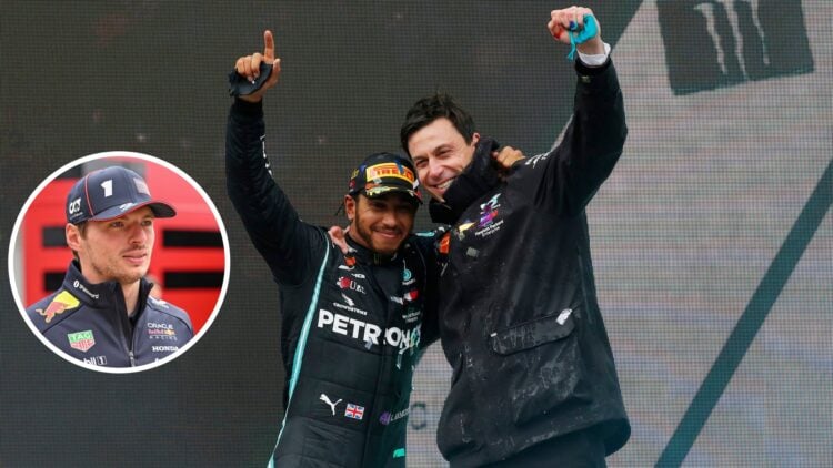 Toto Wolff and Lewis Hamilton celebrate winning a race at Mercedes; inset of Max Verstappen