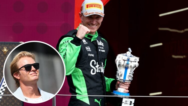 Nico Hulkenberg of Sauber celebrates on the podium at the 2025 British Grand Prix, inset Nico Rosberg