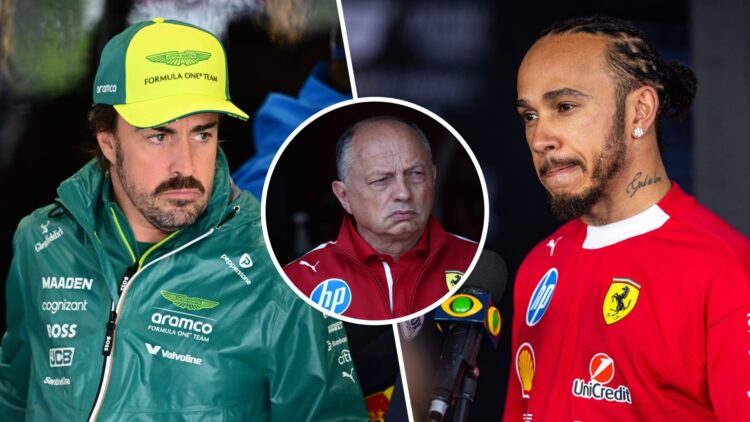 Aston Martin driver Fernando Alonso arrives in the Silverstone paddock and Lewis Hamilton of Ferrari speaks to the media after the 2025 F1 British ...