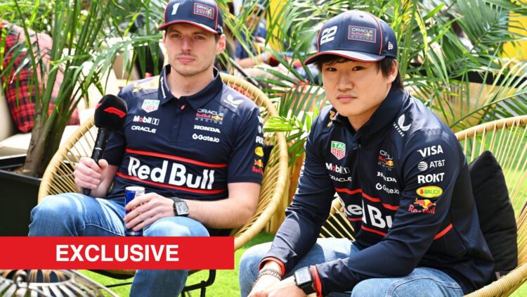 Red Bull Racing drivers Max Verstappen and Yuki Tsunoda at the 2025 Formula 1 Miami Grand Prix, with an exclusive banner