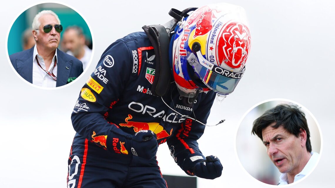 Max Verstappen of Red Bull celebrates; insets of Aston Martin owner Lawrence Stroll and Mercedes boss Toto Wolff