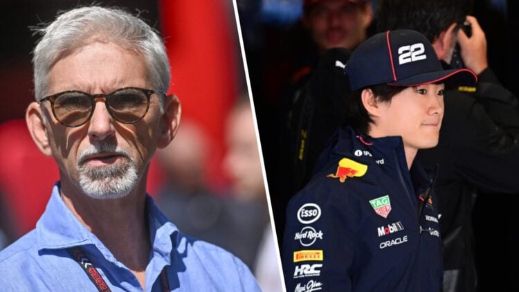 Damon Hill looking down the camera (left) split with Yuki Tsunoda walking through the F1 paddock (right).