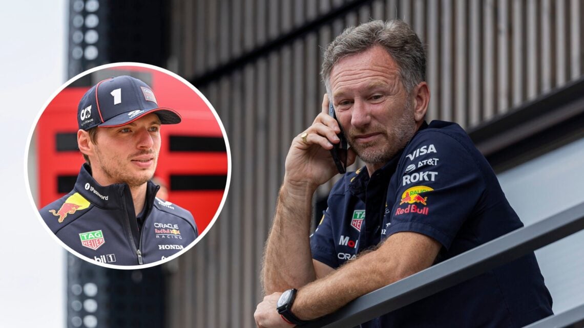 Christian Horner, formerly of Red Bull, speaks on the phone; inset of Max Verstappen