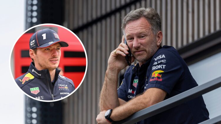 Christian Horner, formerly of Red Bull, speaks on the phone; inset of Max Verstappen