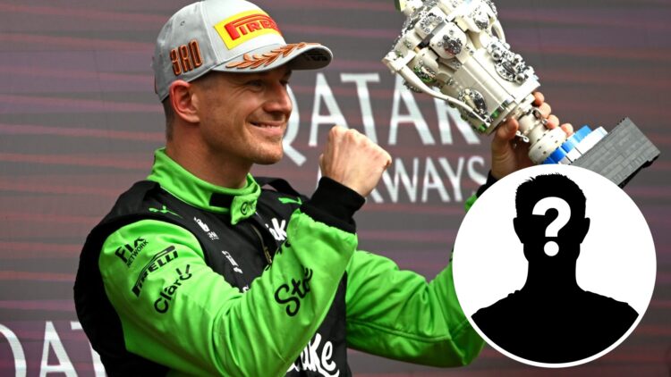 Nico Hulkenberg of Sauber on the podium at the 2025 British Grand Prix, inset Mystery driver