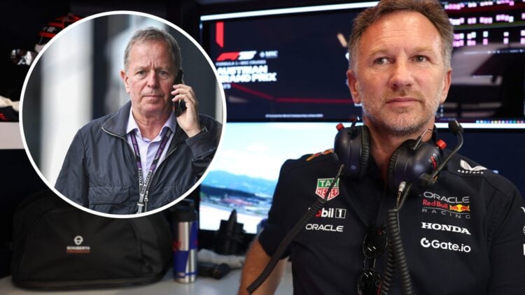 sacked Red Bull team principal Christian Horner in the garage at the 2025 F1 Austrian Grand Prix with an inset of Sky Sports F1 pundit Martin Brund...