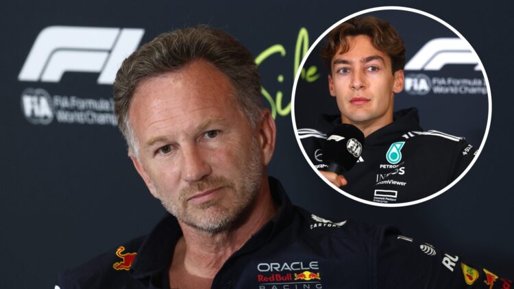 Red Bull boss Christian Horner speaking to the media at the 2025 British Grand Prix, inset George Russell