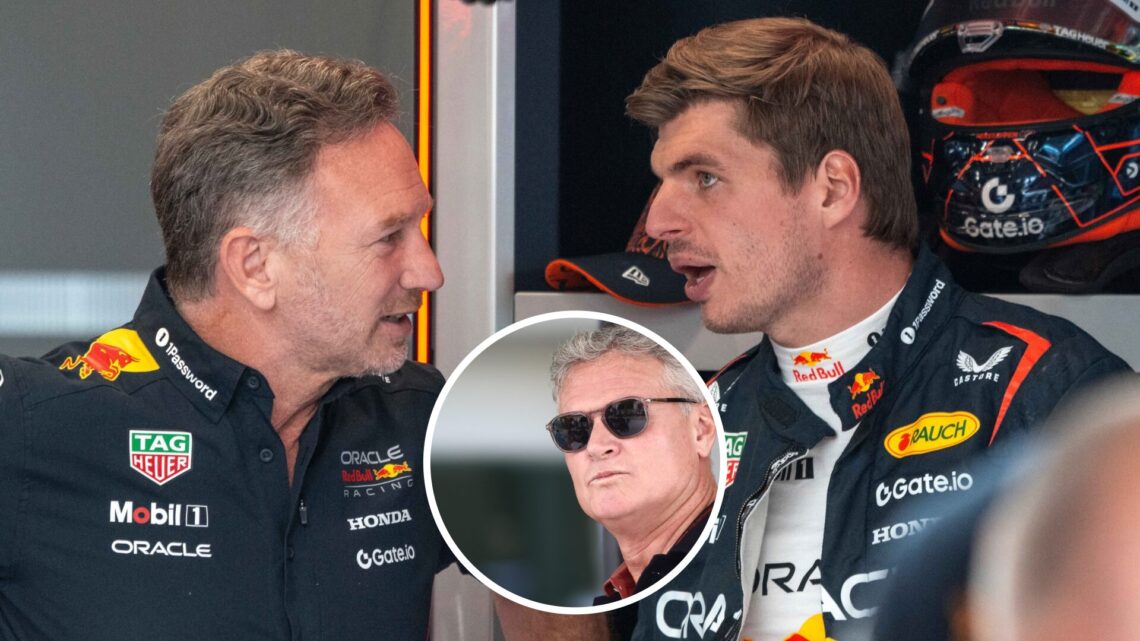 Christian Horner and Red Bull Racing driver Max Verstappen talking at the 2025 Austrian Grand Prix, inset, David Coulthard
