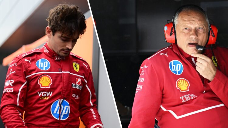 Ferrari driver Charles Leclerc reacts after qualifying for the 2025 F1 British Grand Prix at Silverstone and team principal Fred Vasseur on the pit...