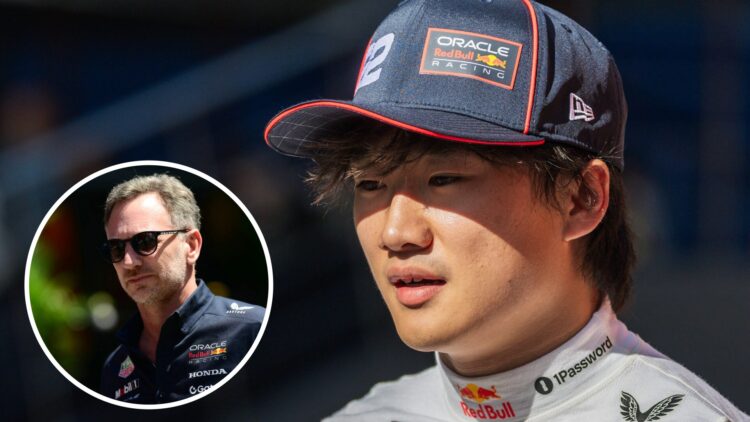 Red Bull Racing driver Yuki Tsunoda at the 2025 Formula 1 Austrian Grand Prix, inset Christian Horner