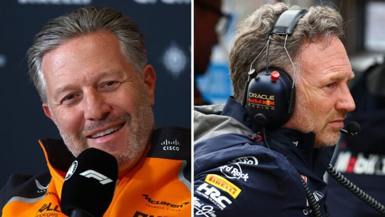 Zak Brown of McLaren speaks in a press conference (L); Christian Horner stands on the F1 pit wall
