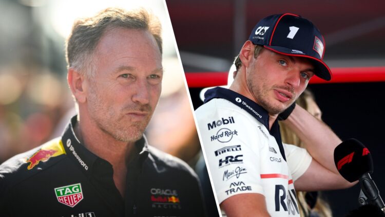 Split image of Christian Horner (L) at the 2025 Emilia Romagna Grand Prix and Max Verstappen (R)