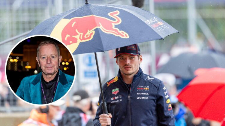 Red Bull Racing driver Max Verstappen holding an umbrella at the 2025 Formula 1 British Grand Prix, inset, Martin Brundle