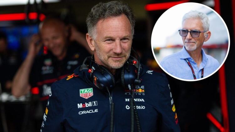 Red Bull team principal Christian Horner in the garage at the 2025 British Grand Prix, inset Damon Hill