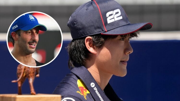 Red Bull driver Yuki Tsunoda at the 2025 Formula 1 Austrian Grand Prix, inset, Daniel Ricciardo at the 2024 Singapore Grand Prix