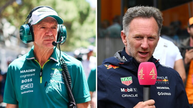 Adrian Newey of Aston Martin on the F1 grid (L); Christian Horner of Red Bull in an interview