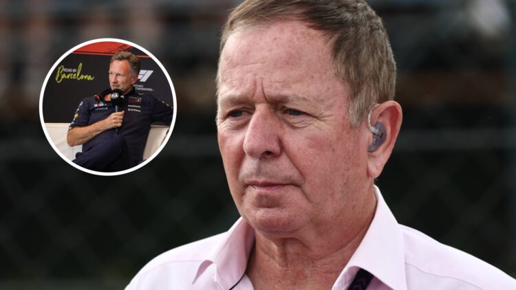 Martin Brundle (right) looks on past the camera, Christian Horner (left) speaks into a microphone on media day.