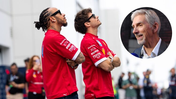 Lewis Hamilton and Charles Leclerc of Ferrari look on in the F1 paddock; inset of Damon Hill