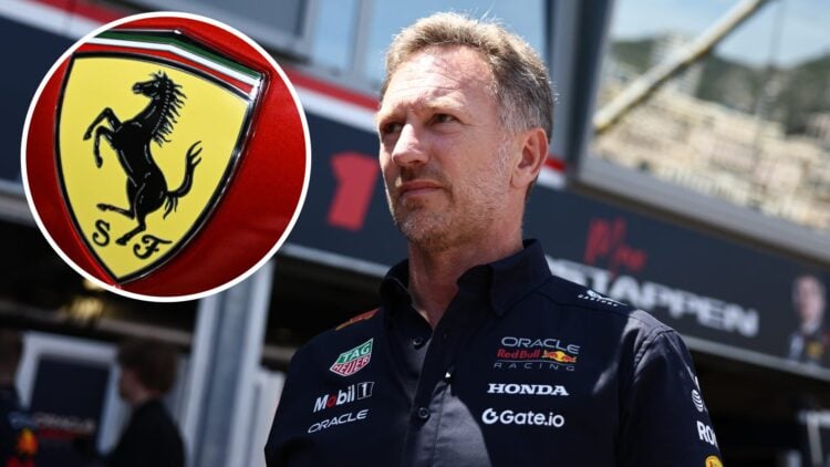 Christian Horner of Red Bull in the pit lane at the 2025 Monaco Grand Prix, inset Ferrari logo