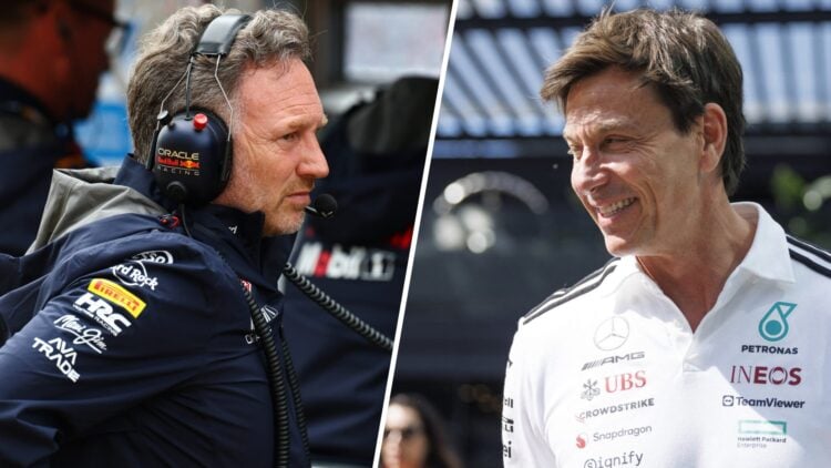 sacked Red Bull team principal Christian Horner on the pit wall at the 2025 F1 British Grand Prix and Mercedes boss Toto Wolff at the Austrian GP