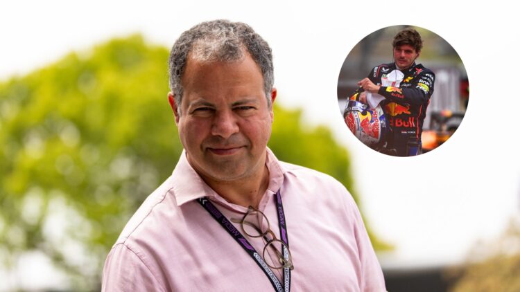 Ted Kravitz looks into the camera in the F1 paddock (left), Max Verstappen exits his F1 car following a session (right).