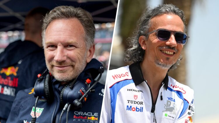 Christian Horner looks on in Red Bull gear (L); former Racing Bulls boss Laurent Mekies walks in the paddock (R)