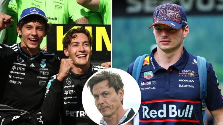 Kimi Antonelli and George Russell of Mercedes celebrate (L); Max Verstappen of Red Bull walks in the paddock (R); inset of Toto Wolff